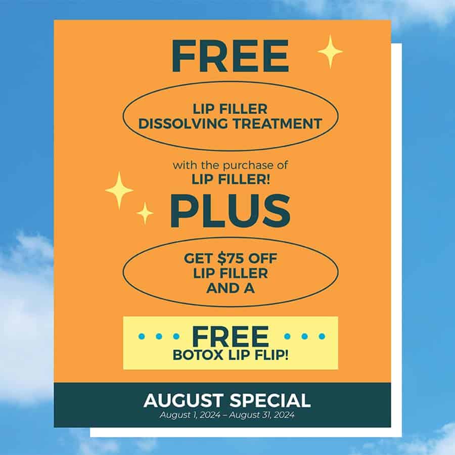 Free Lip Filler Dissolving Treatment with the purchase of Lip Filler PLUS Get $75 off Lip Filler and a Free Botox Lip Flip - August 2024 Special in Lakewood Ranch Florida